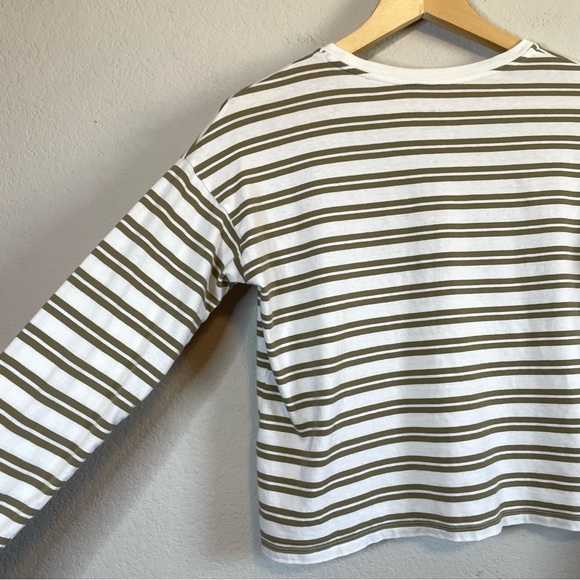 Everlane Long Sleeve Box Cut Pocket Tee Olive Green Tan Striped Shirt Size XS - Picture 8 of 10